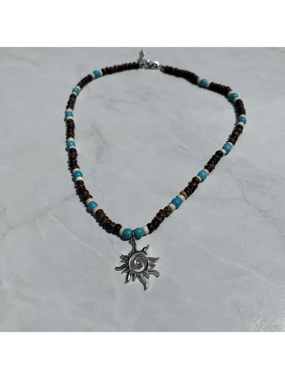 Y2k 2000s style Wood Beaded dark brown and blue mixed wood Necklace with Cyber